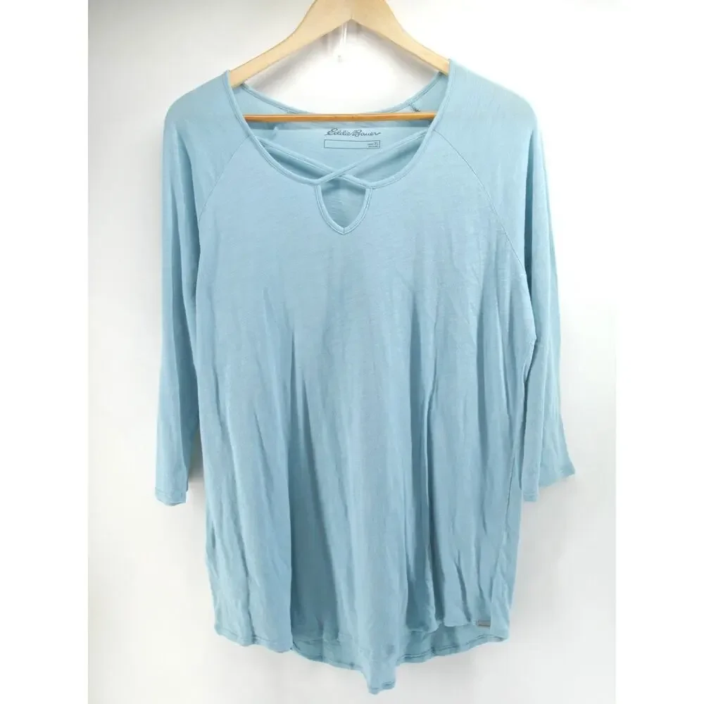 2 Eddie Bauer Modal Tunic Top Crisscross Front 3/4 Sleeve Cotton Black Blue XL - Picture 10 of 13